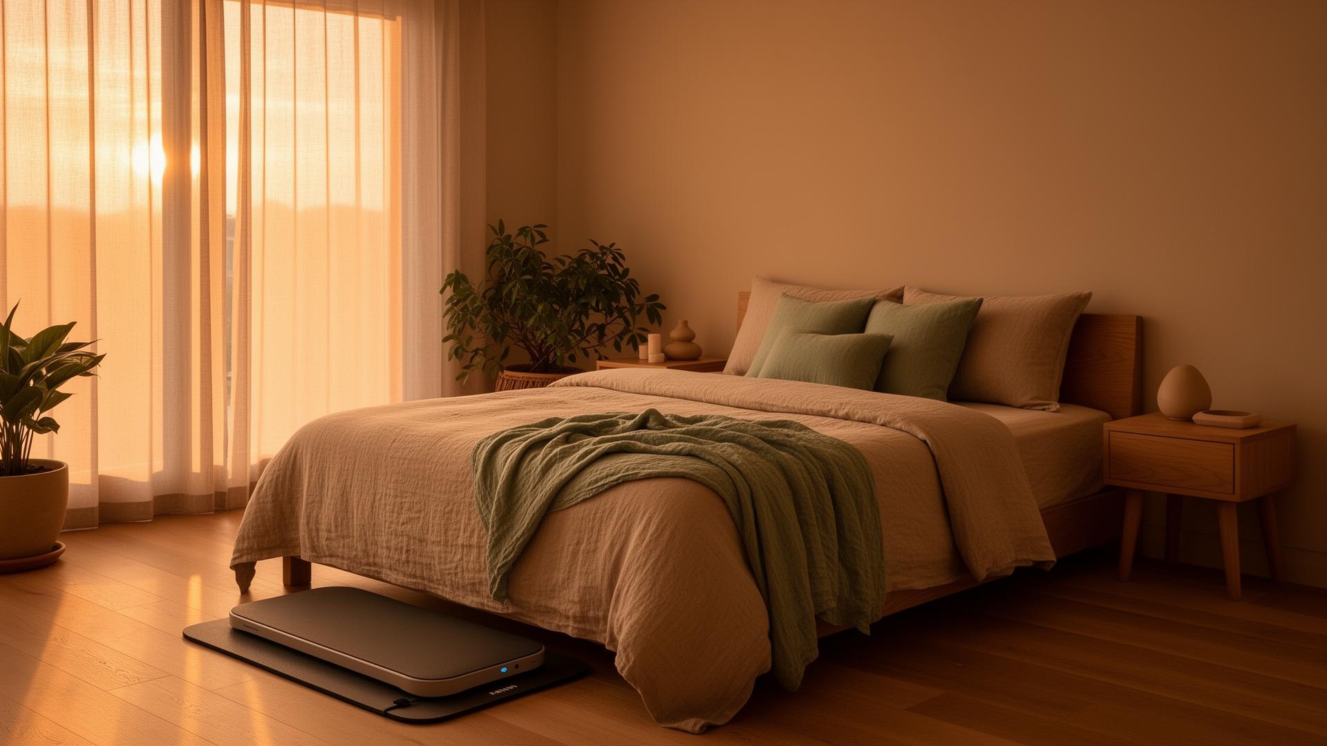 Serene bedroom with grounding mat and natural earth tones